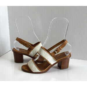Frye Sandals Women's Tan/Cream Leather Open Toe Slingback Chunky Heels Size 7.5M